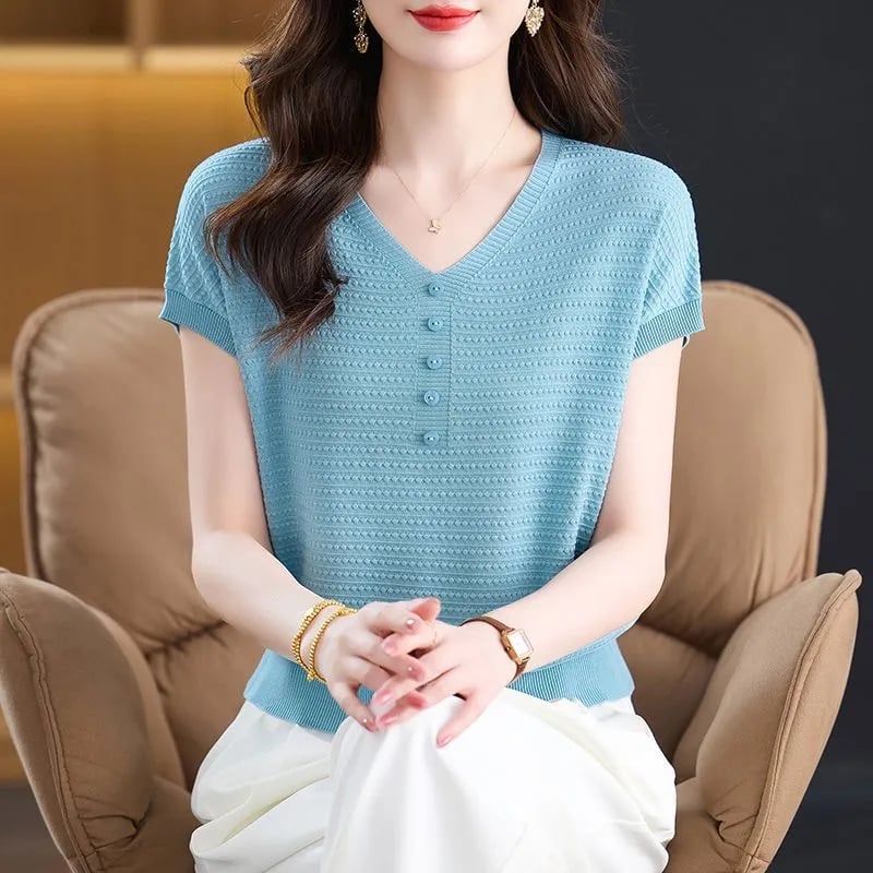 針織V領短袖衫