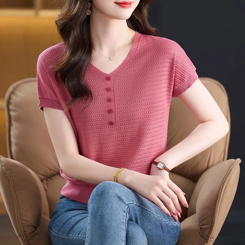針織V領短袖衫